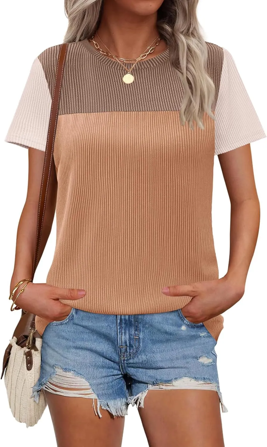 Zeagoo Womens Casual Summer Tops Short Sleeve T Shirts Crewneck Basic Tees Blouses Color Block Tunic Tops