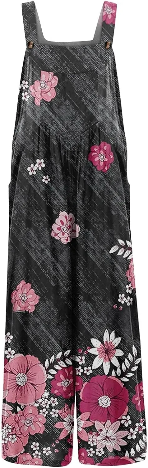 ZEFOTIM Jumpsuits for Women Sexy Floral Romper Square Neck Wide Leg Jumper Casual Wide Straps Overall with Pockets