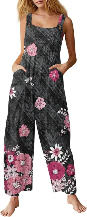 ZEFOTIM Jumpsuits for Women Sexy Floral Romper Square Neck Wide Leg Jumper Casual Wide Straps Overall with Pockets