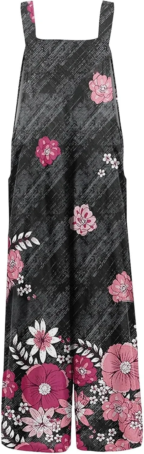 ZEFOTIM Jumpsuits for Women Sexy Floral Romper Square Neck Wide Leg Jumper Casual Wide Straps Overall with Pockets
