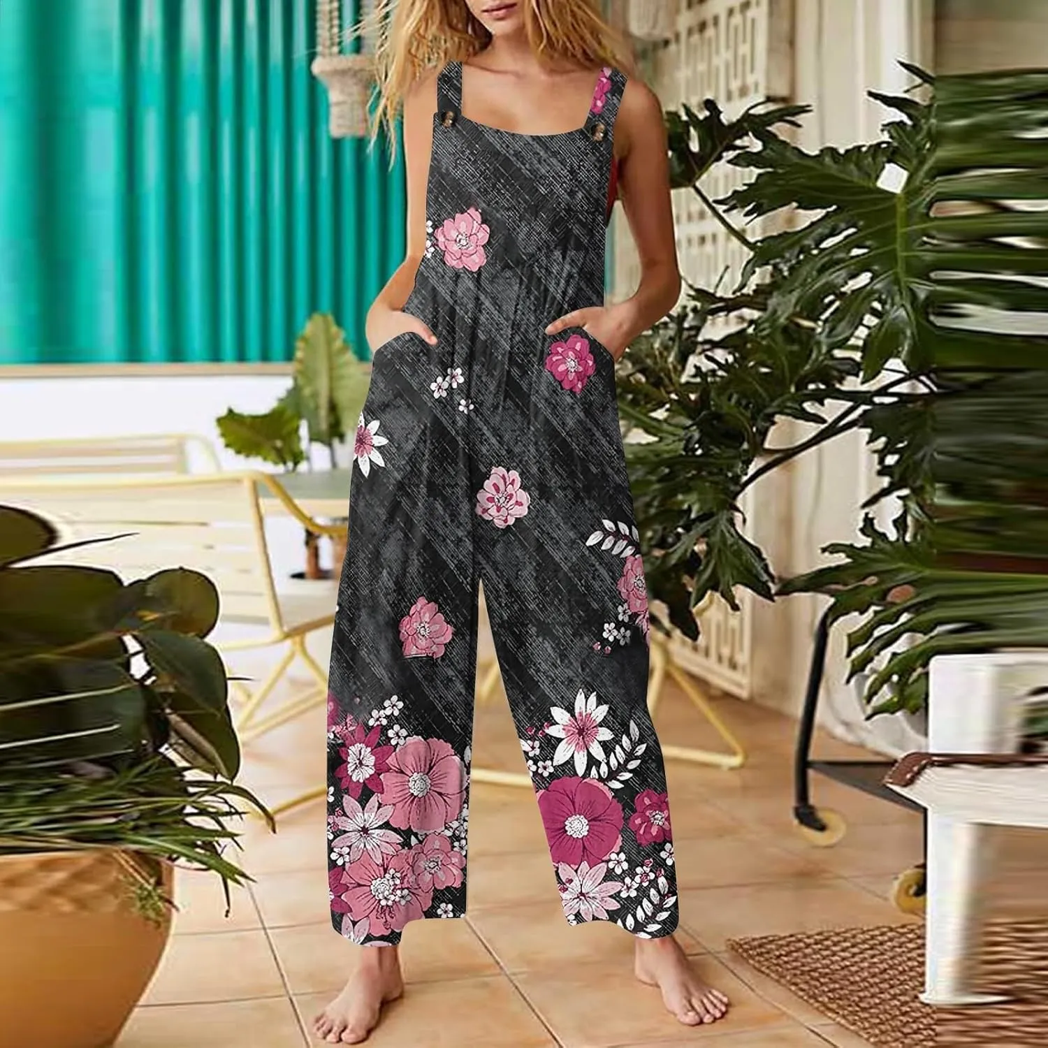 ZEFOTIM Jumpsuits for Women Sexy Floral Romper Square Neck Wide Leg Jumper Casual Wide Straps Overall with Pockets