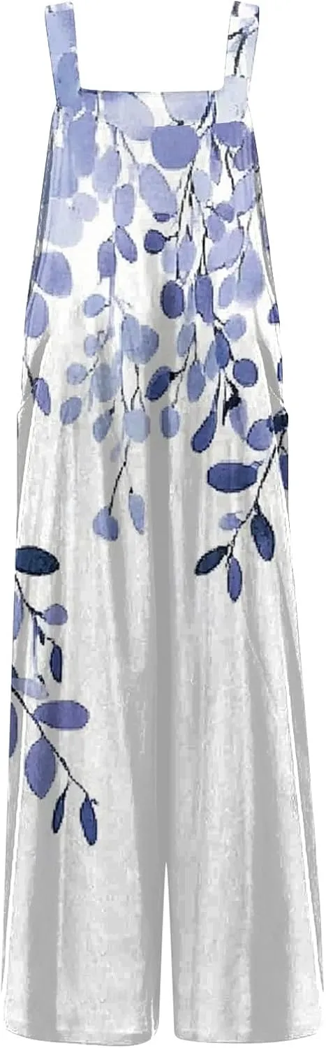 ZEFOTIM Wide Leg Jumpsuits for Women Floral Rompers Square Neck Wide Leg Jumpers Comfy Wide Straps Overall with Pockets