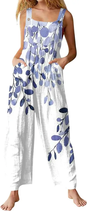 ZEFOTIM Wide Leg Jumpsuits for Women Floral Rompers Square Neck Wide Leg Jumpers Comfy Wide Straps Overall with Pockets
