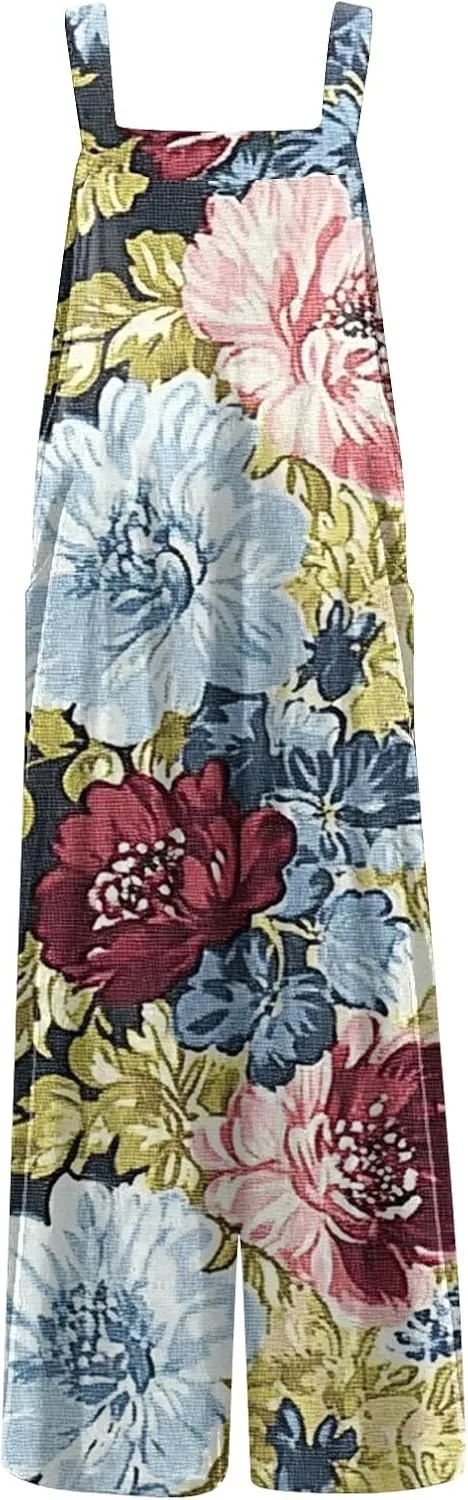 ZEFOTIM Wide Leg Jumpsuits for Women Floral Rompers Square Neck Wide Leg Jumpers Comfy Wide Straps Overall with Pockets