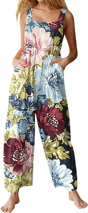 ZEFOTIM Wide Leg Jumpsuits for Women Floral Rompers Square Neck Wide Leg Jumpers Comfy Wide Straps Overall with Pockets