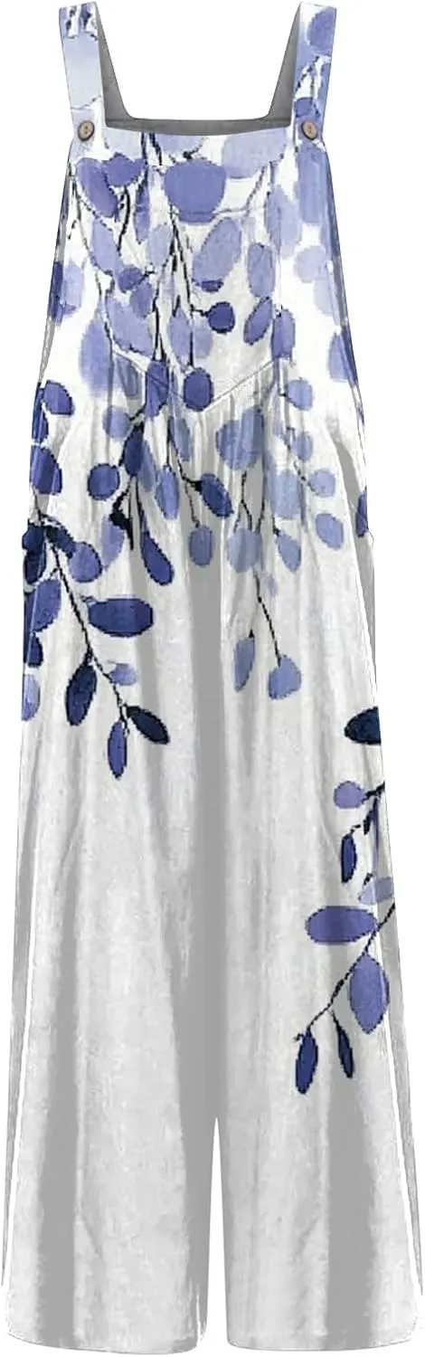 ZEFOTIM Wide Leg Jumpsuits for Women Floral Rompers Square Neck Wide Leg Jumpers Comfy Wide Straps Overall with Pockets