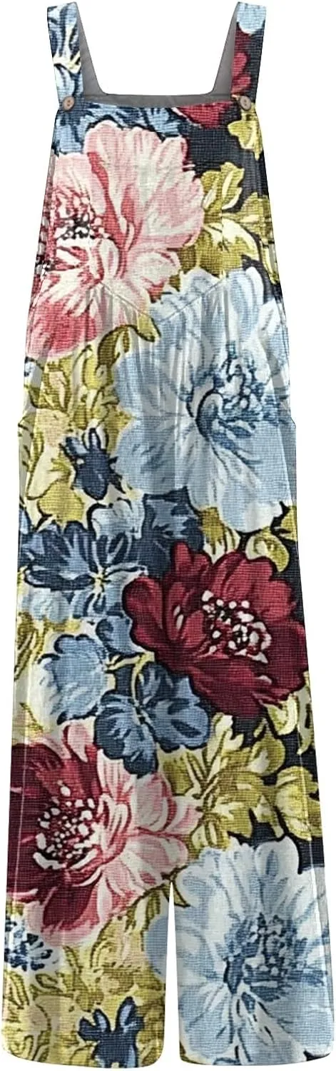 ZEFOTIM Wide Leg Jumpsuits for Women Floral Rompers Square Neck Wide Leg Jumpers Comfy Wide Straps Overall with Pockets