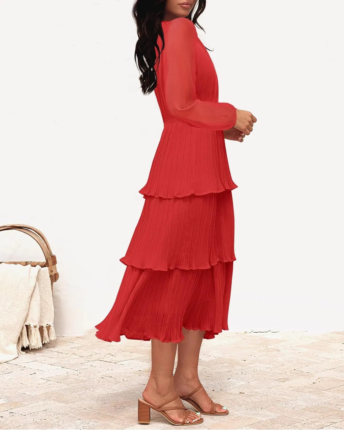 ZESICA Women's 2025 Long Sleeve Crew Neck Ruffle Tiered Layered Chiffon Flowy Swing 2025 Long Midi Dress
