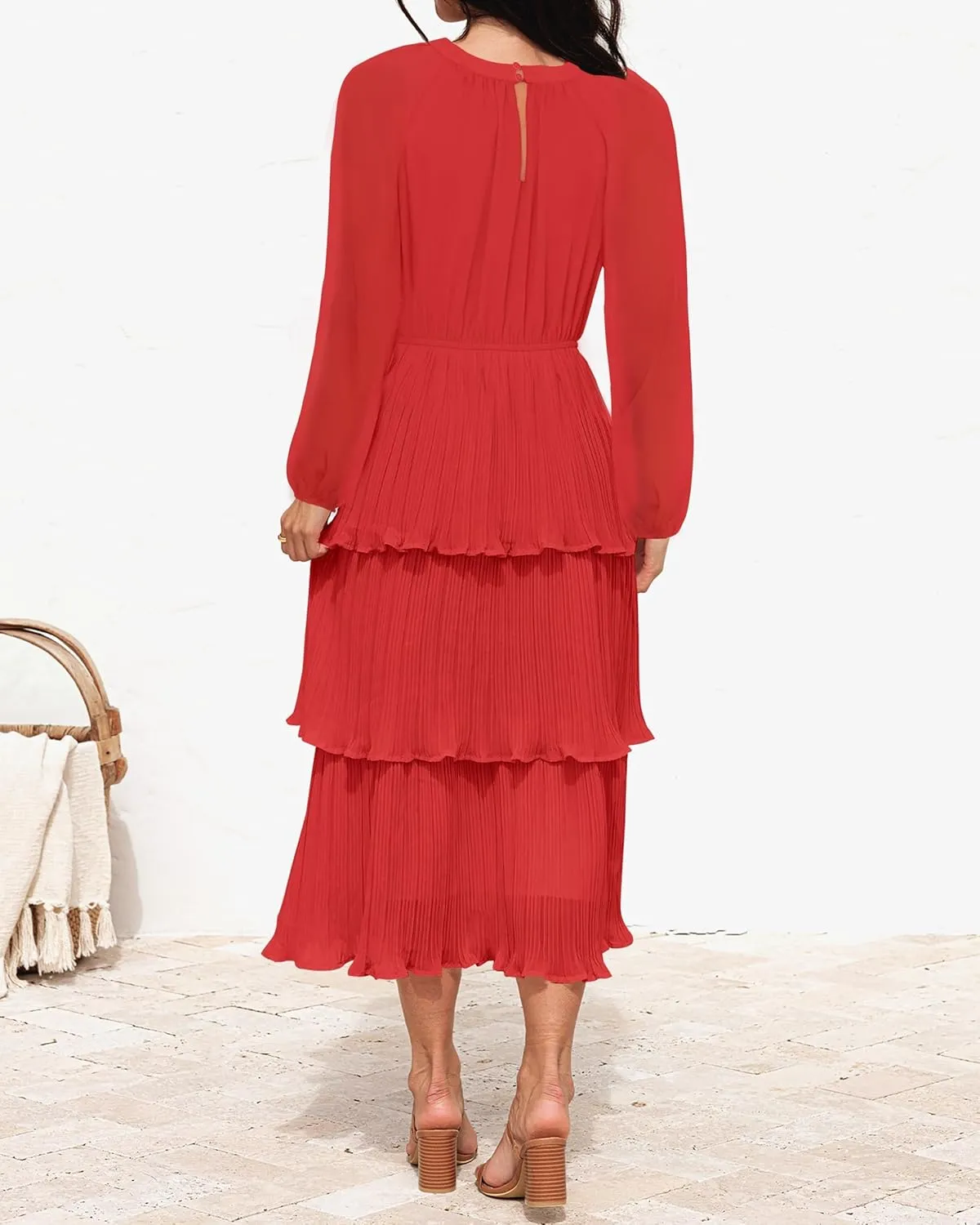 ZESICA Women's 2025 Long Sleeve Crew Neck Ruffle Tiered Layered Chiffon Flowy Swing 2025 Long Midi Dress