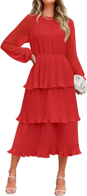 ZESICA Women's 2025 Long Sleeve Crew Neck Ruffle Tiered Layered Chiffon Flowy Swing 2025 Long Midi Dress