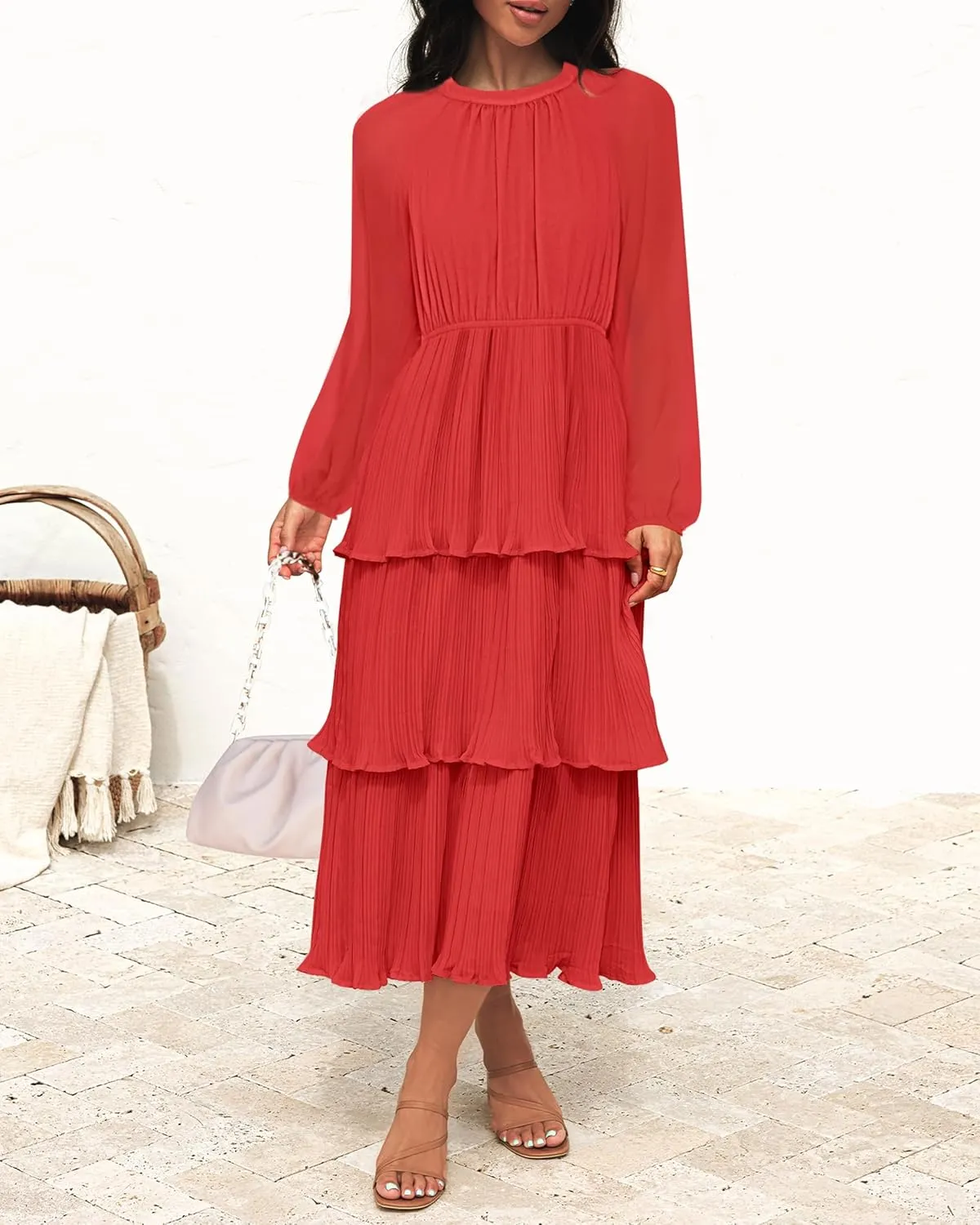ZESICA Women's 2025 Long Sleeve Crew Neck Ruffle Tiered Layered Chiffon Flowy Swing 2025 Long Midi Dress