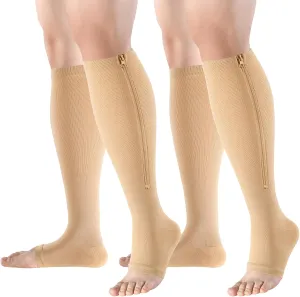 Zipper Compression Socks Open Toe 15-20mmHg for Women&Men 2 Pairs Knee High Support Socks for Running Cycling