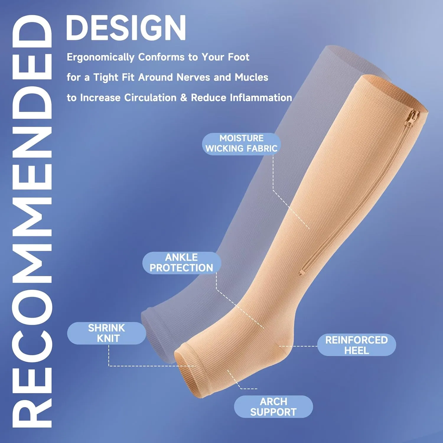 Zipper Compression Socks Open Toe 15-20mmHg for Women&Men 2 Pairs Knee High Support Socks for Running Cycling