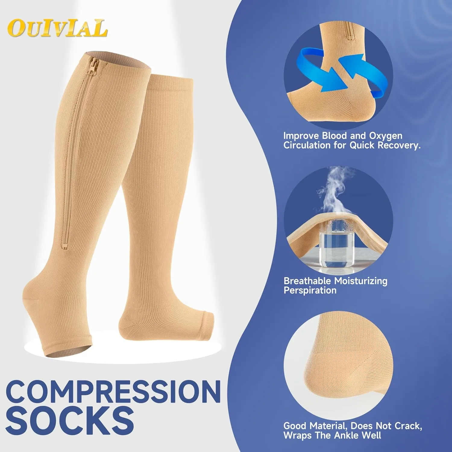 Zipper Compression Socks Open Toe 15-20mmHg for Women&Men 2 Pairs Knee High Support Socks for Running Cycling
