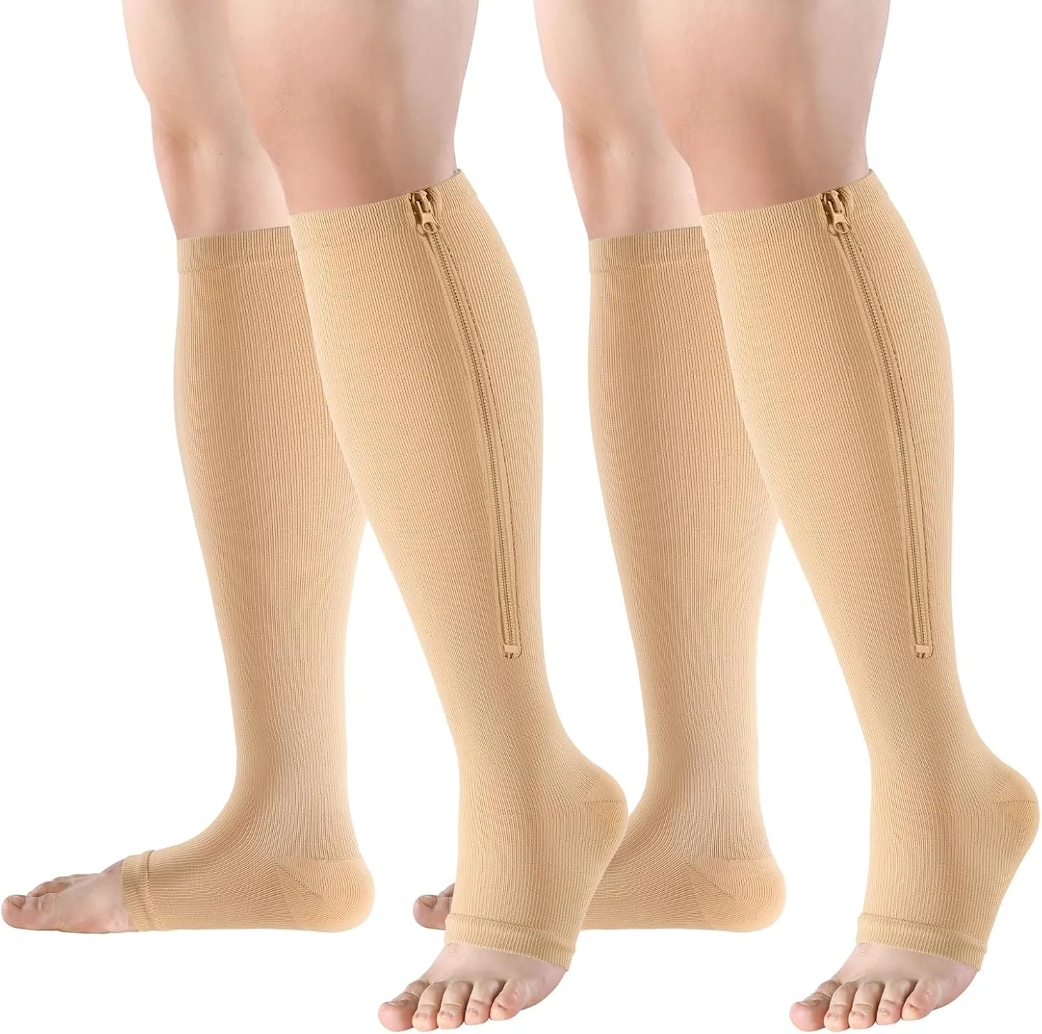Zipper Compression Socks Open Toe 15-20mmHg for Women&Men 2 Pairs Knee High Support Socks for Running Cycling