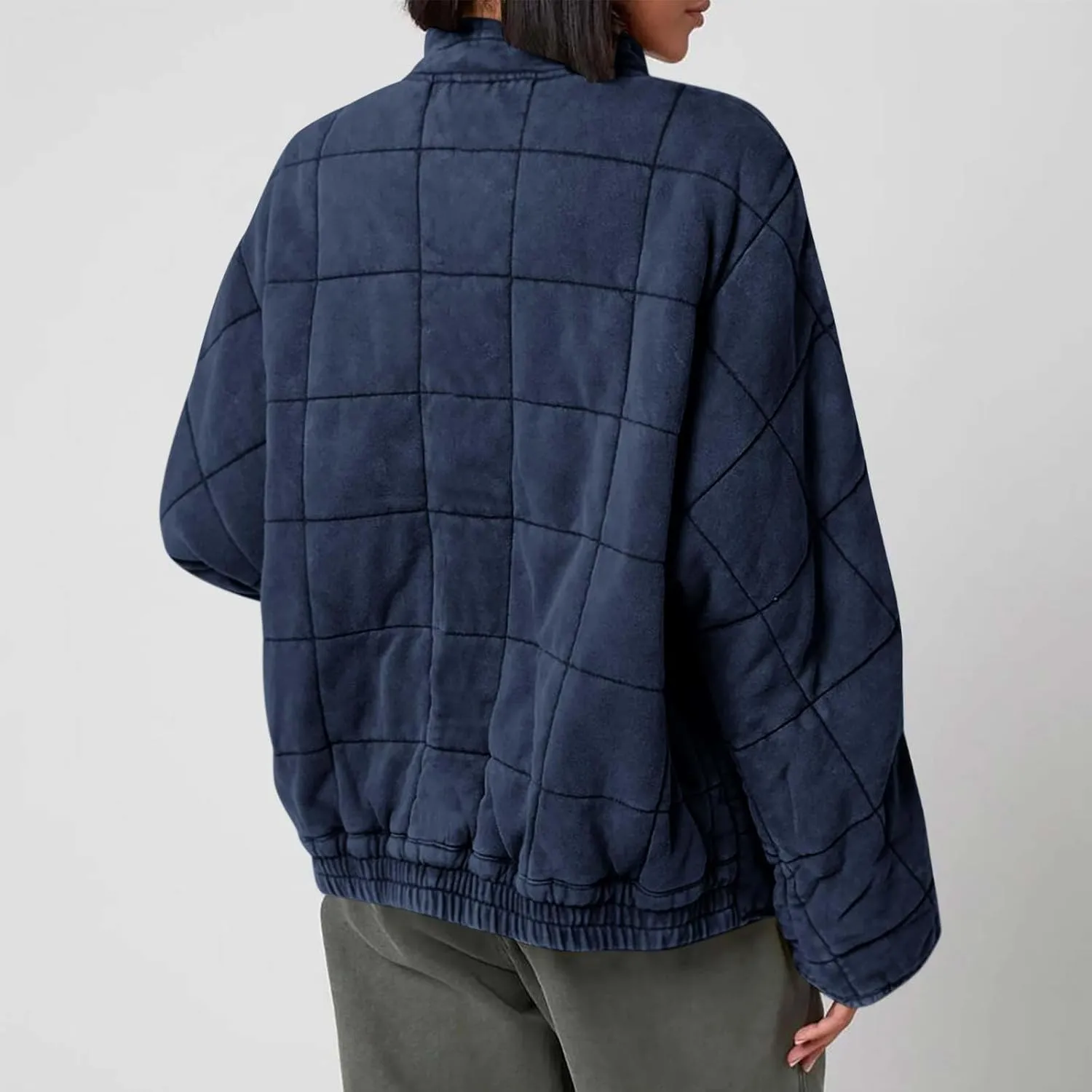 Zipper Padded Jackets for Women Loose Quilted Long Sleeve Down Coat Stand Collar Lounge Winter Puffer with Pockets