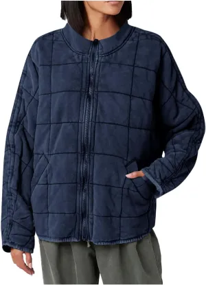 Zipper Padded Jackets for Women Loose Quilted Long Sleeve Down Coat Stand Collar Lounge Winter Puffer with Pockets