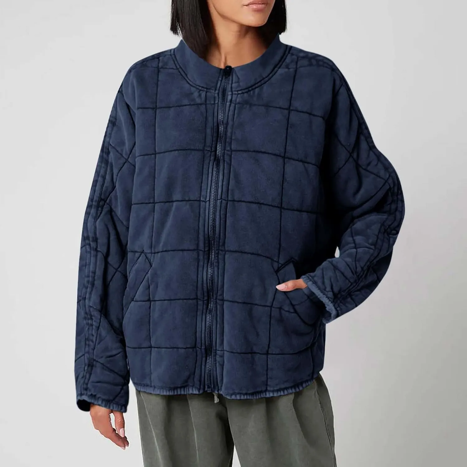 Zipper Padded Jackets for Women Loose Quilted Long Sleeve Down Coat Stand Collar Lounge Winter Puffer with Pockets