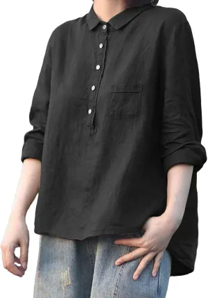 ZYXTIM Women's Cotton Linen Henley Shirts 3/4 Sleeve Lapel Loose Summer Tops Floral Printed Lightweight Casual Blouse Tops