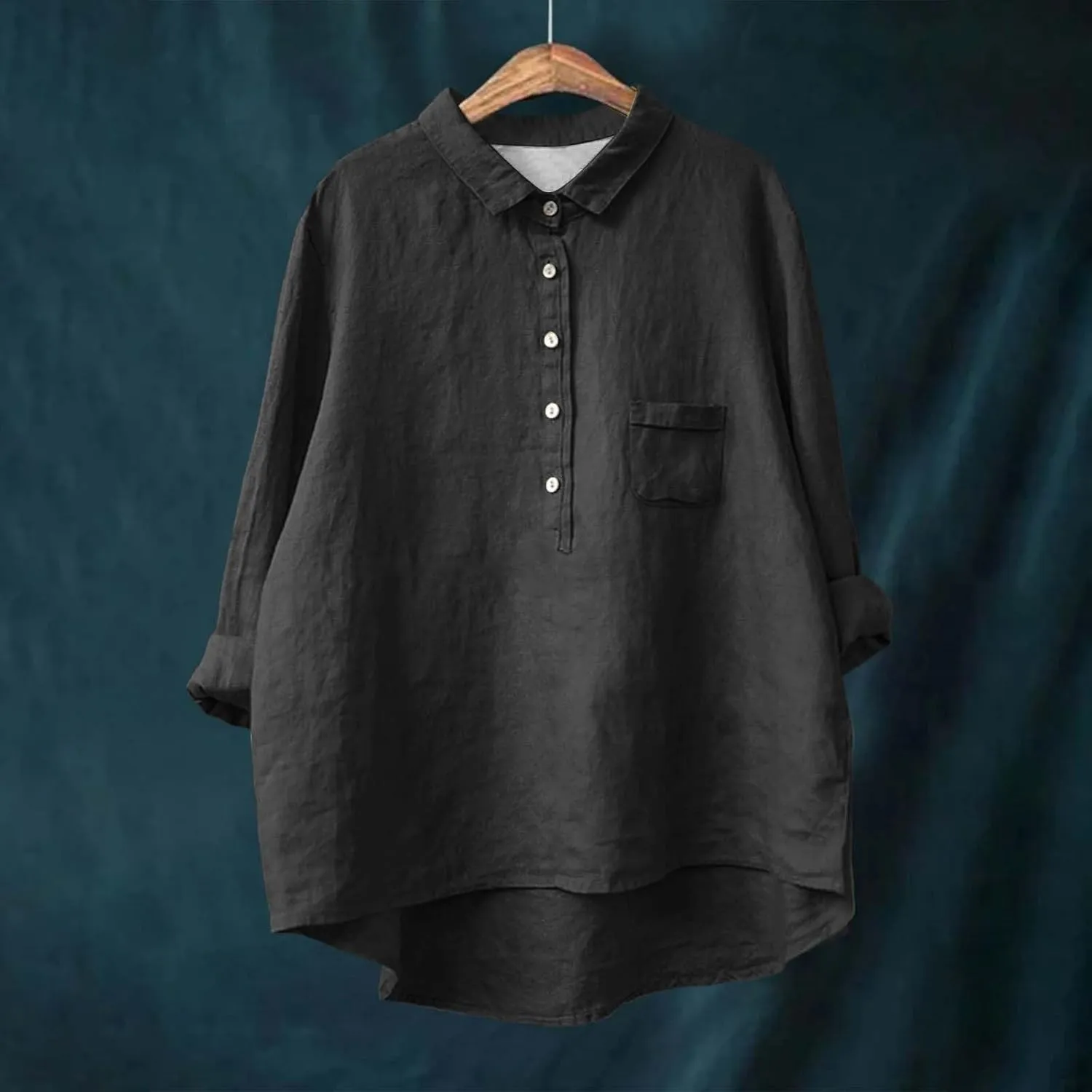 ZYXTIM Women's Cotton Linen Henley Shirts 3/4 Sleeve Lapel Loose Summer Tops Floral Printed Lightweight Casual Blouse Tops